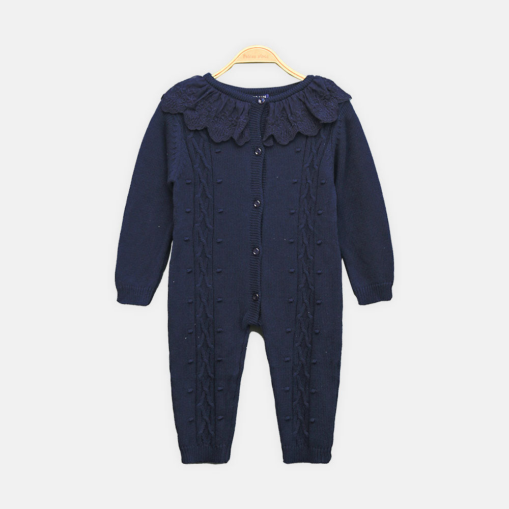 GIRL ROMPER CLASSIC NAVY CABLE-KNIT BUTTON-FRONT