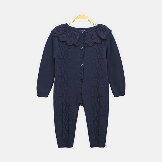 GIRL ROMPER CLASSIC NAVY CABLE-KNIT BUTTON-FRONT