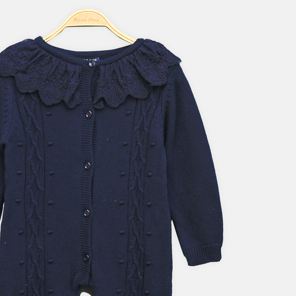GIRL ROMPER CLASSIC NAVY CABLE-KNIT BUTTON-FRONT