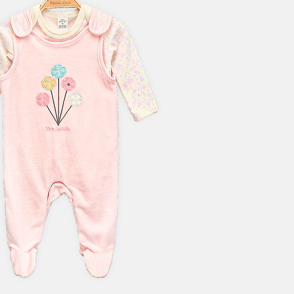 GIRL ROMPER PINK VELVET-TOUCH FOOTED