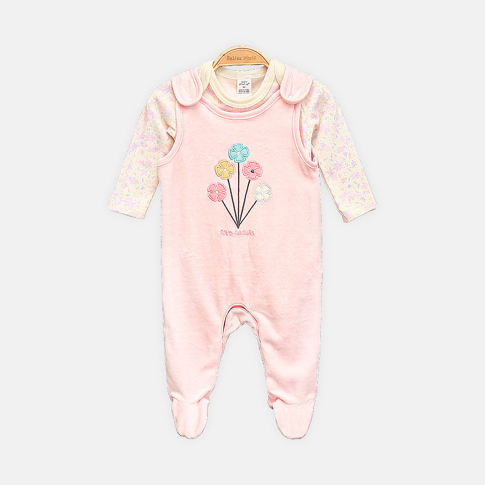 GIRL ROMPER PINK VELVET-TOUCH FOOTED