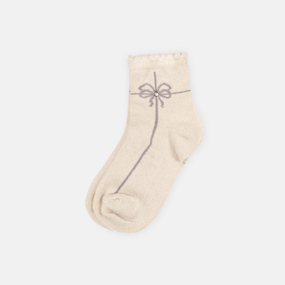 GIRL SOCKS BEIGE CRINKLE LINED BOW DETAIL