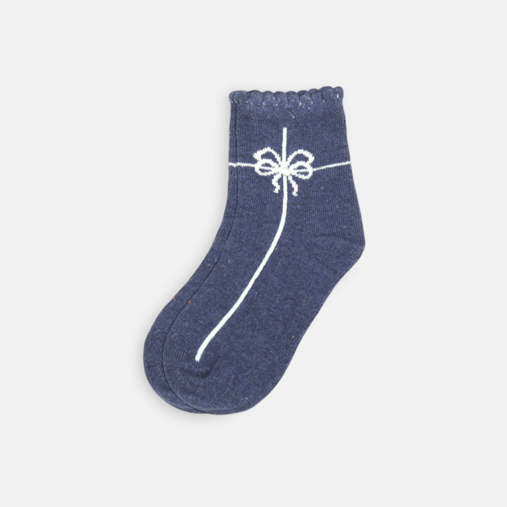 GIRL SOCKS NAVY BLUE CRINKLE LINED BOW DETAIL