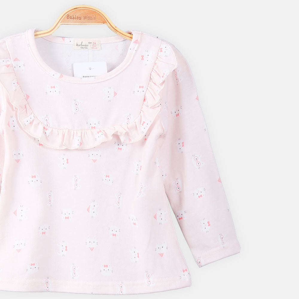 GIRL T-SHIRT PINK KITTY PRINTED