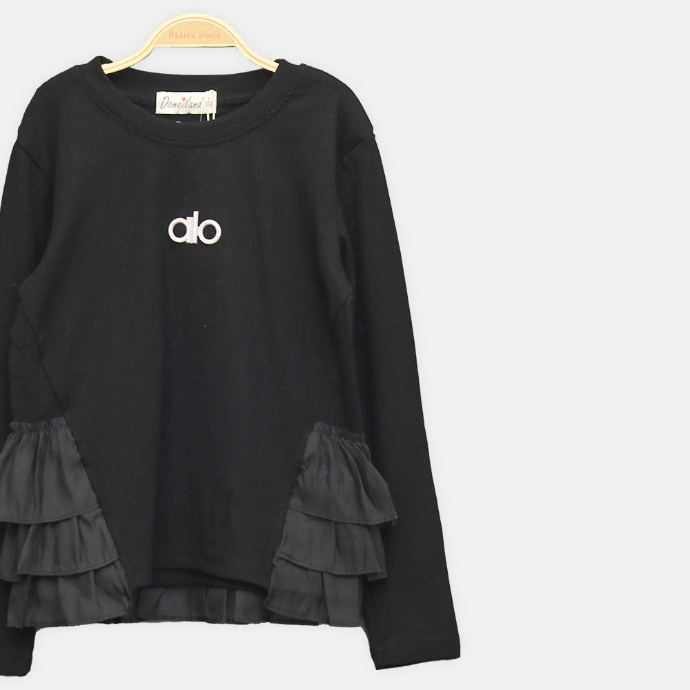 GIRL T-SHIRT BLACK RHINESTONE RUFFLE