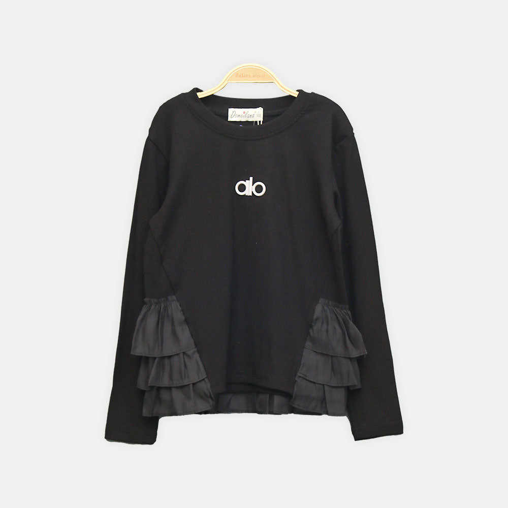 GIRL T-SHIRT BLACK RHINESTONE RUFFLE
