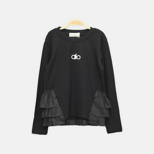 GIRL T-SHIRT BLACK RHINESTONE RUFFLE