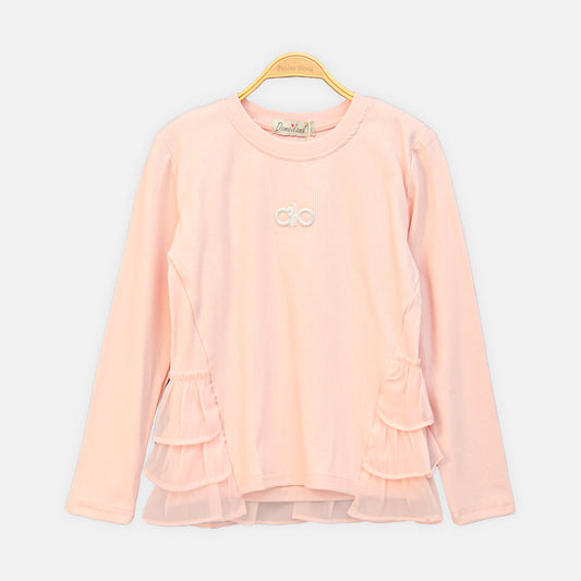 GIRL T-SHIRT PINK RHINESTONE RUFFLE