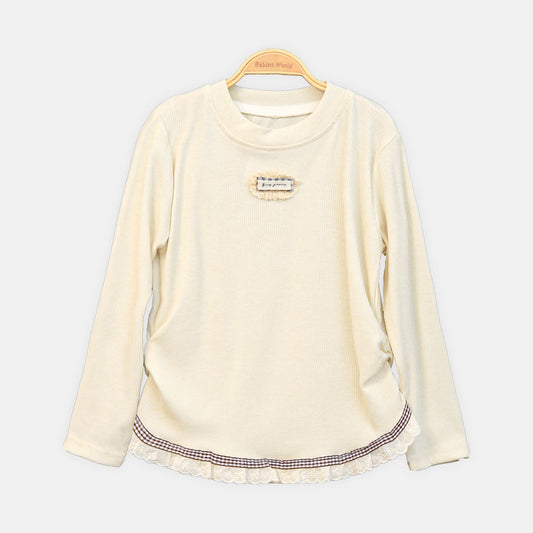 GIRL T-SHIRT BEIGE RIBBED ACCENT