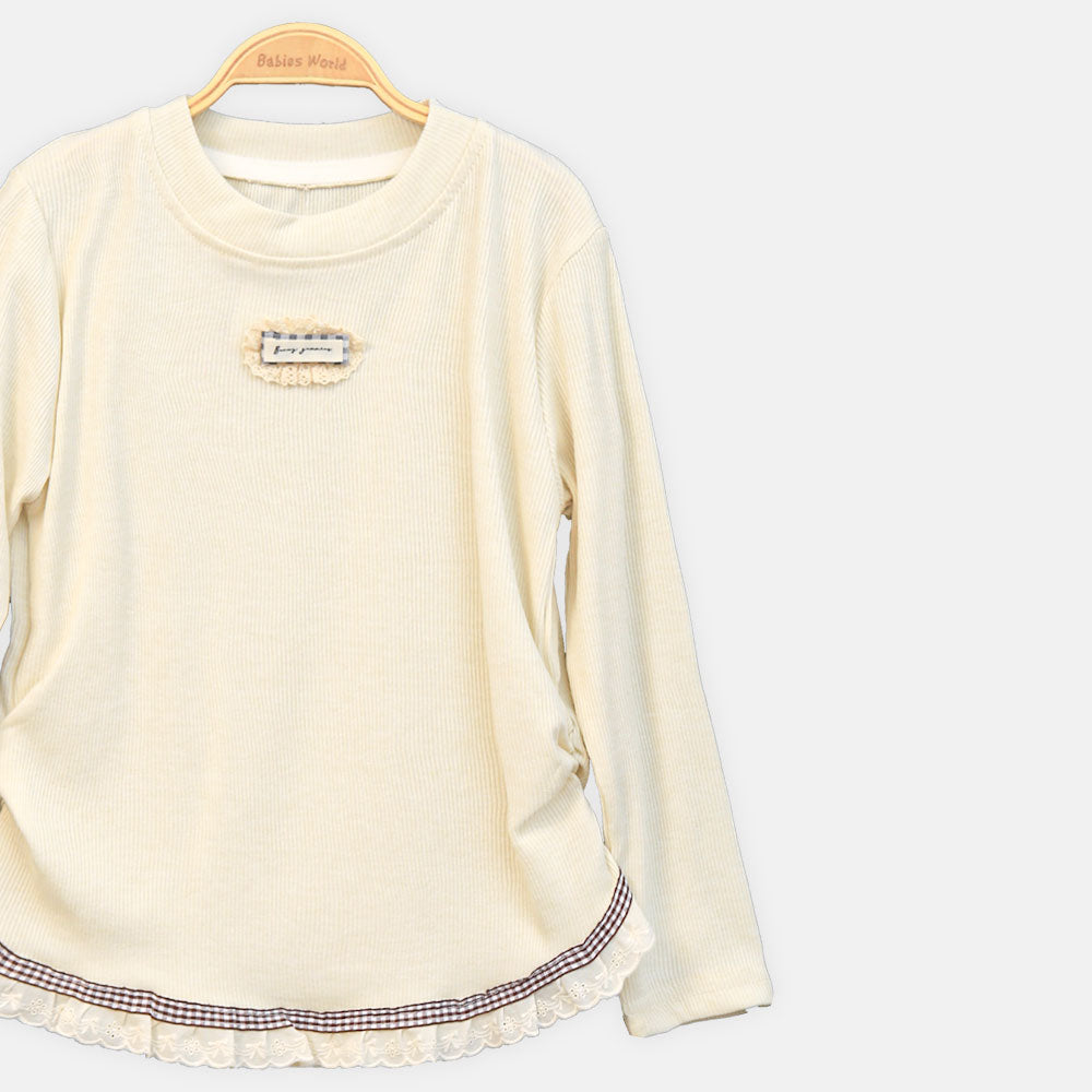 GIRL T-SHIRT BEIGE RIBBED ACCENT