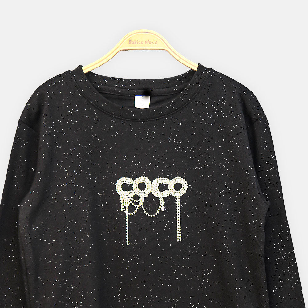 GIRL T-SHIRT BLACK RHINESTONE TASSEL