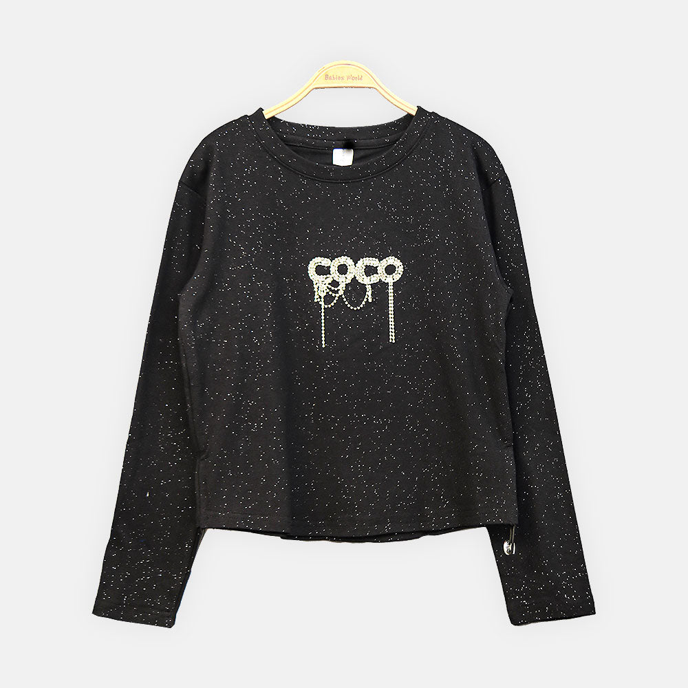 GIRL T-SHIRT BLACK RHINESTONE TASSEL