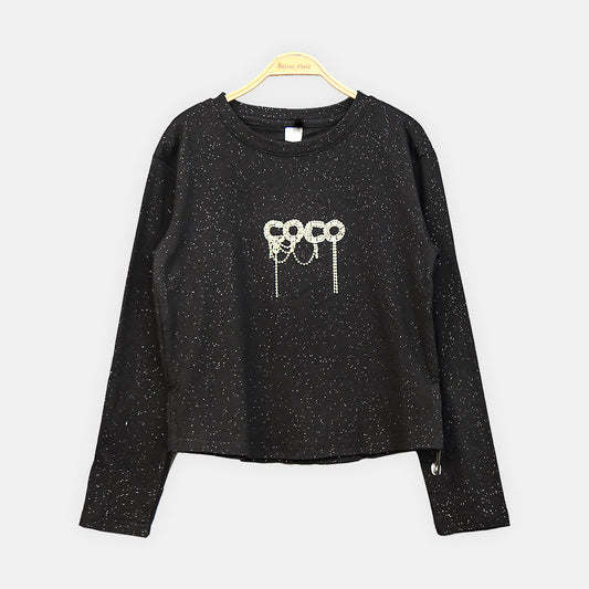 GIRL T-SHIRT BLACK RHINESTONE TASSEL