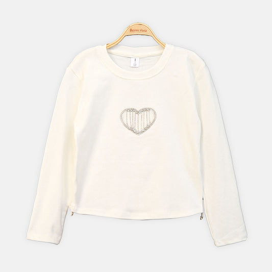 GIRL T-SHIRT WHITE RHINESTONE HEART