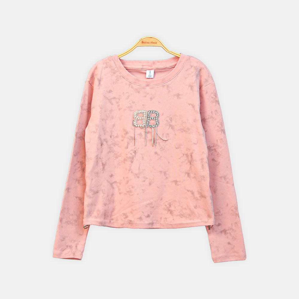 GIRL T-SHIRT PINK EMBELLISHED CREW NECK