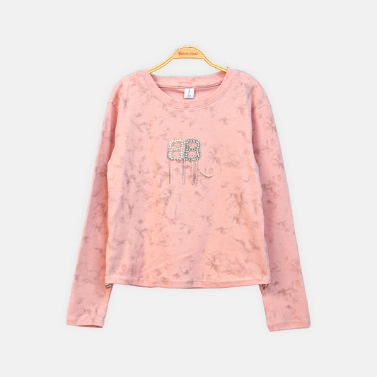GIRL T-SHIRT PINK EMBELLISHED CREW NECK