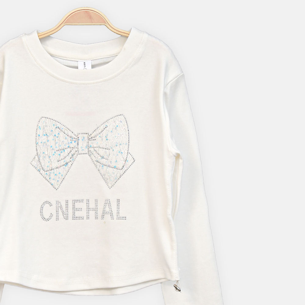 GIRL T-SHIRT WHITE RHINESTONE BOW