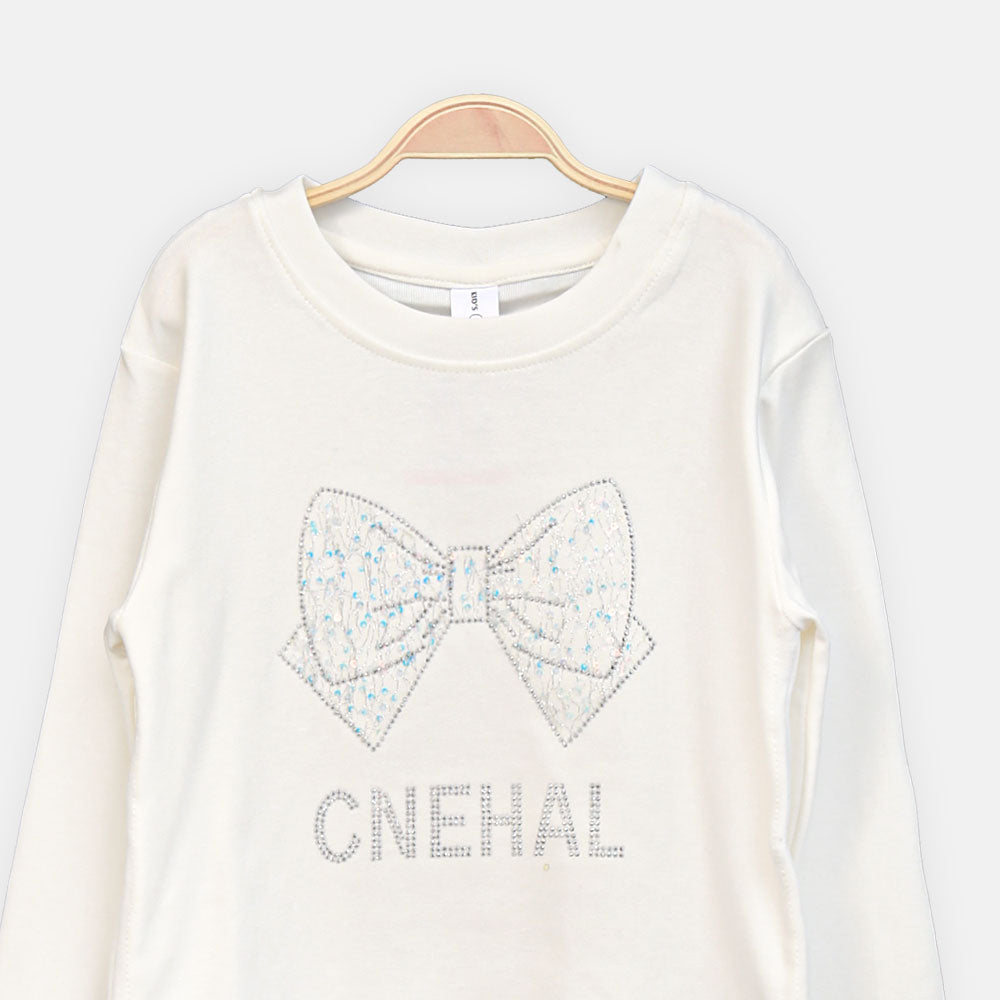 GIRL T-SHIRT WHITE RHINESTONE BOW