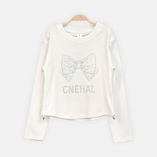 GIRL T-SHIRT WHITE RHINESTONE BOW