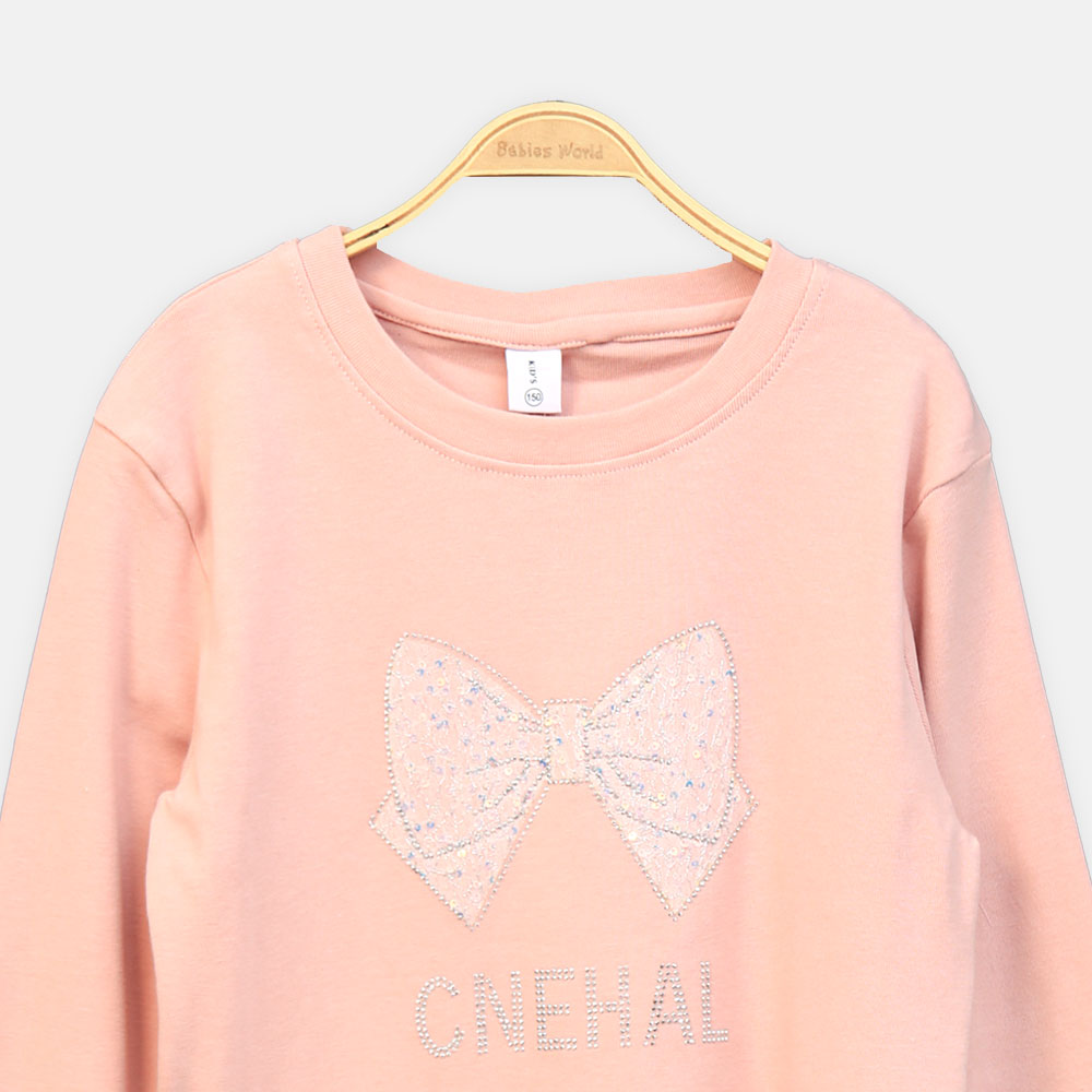GIRL T-SHIRT PINK EMBELLISHED BOW