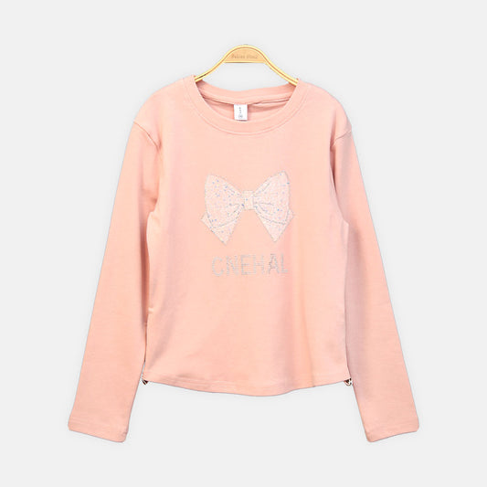 GIRL T-SHIRT PINK EMBELLISHED BOW