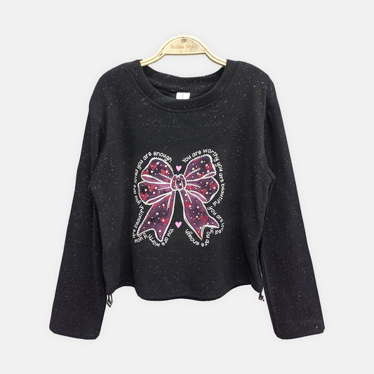 GIRL T-SHIRT BLACK MOTIVATIONAL BOW
