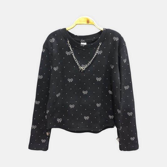 GIRL T-SHIRT BLACK BOW PRINT LONG-SLEEVE