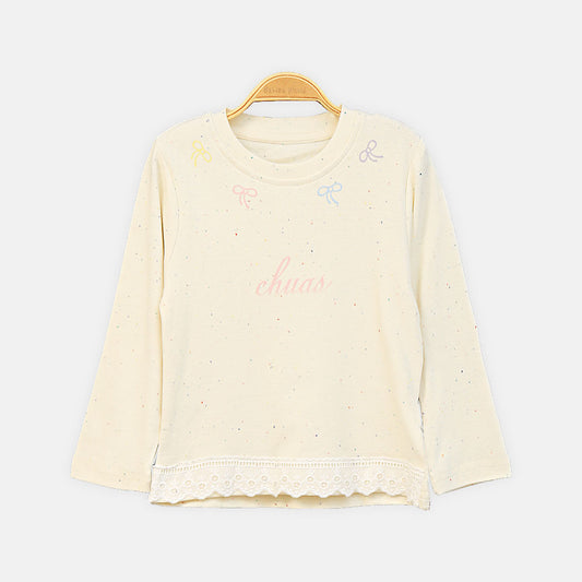 GIRL T-SHIRT CREAM BOW PRINT