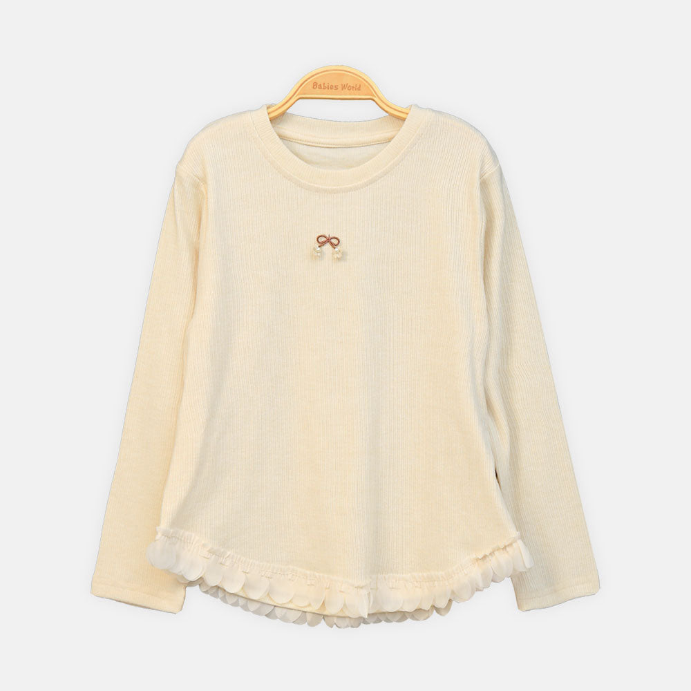 GIRL T-SHIRT CREAM RIBBED ACCENT