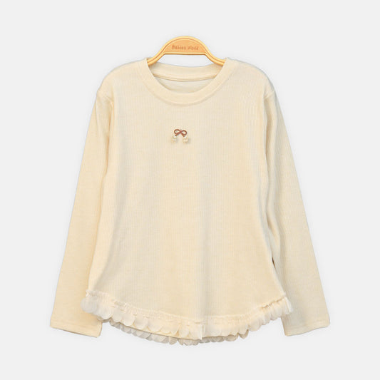 GIRL T-SHIRT CREAM RIBBED ACCENT