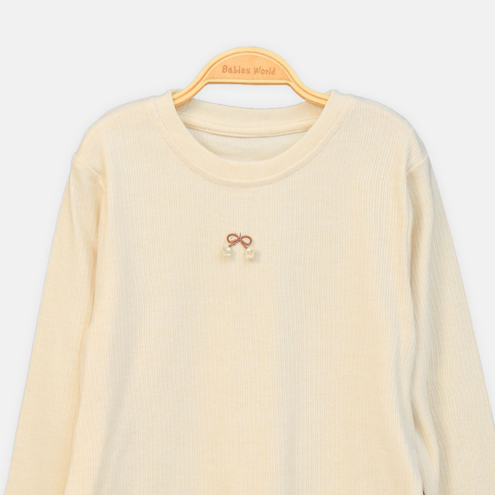 GIRL T-SHIRT CREAM RIBBED ACCENT