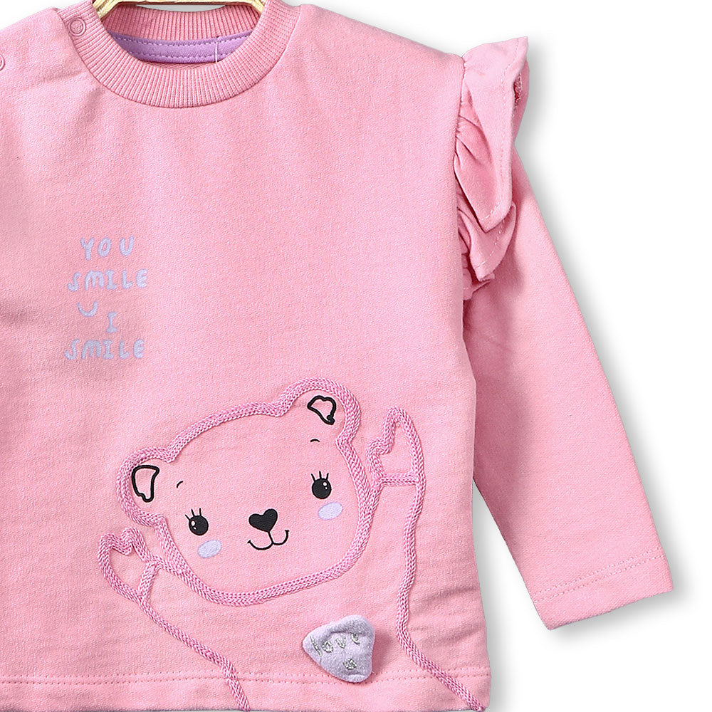GIRL T-SHIRT SALMON PINK SMILEY BEAR