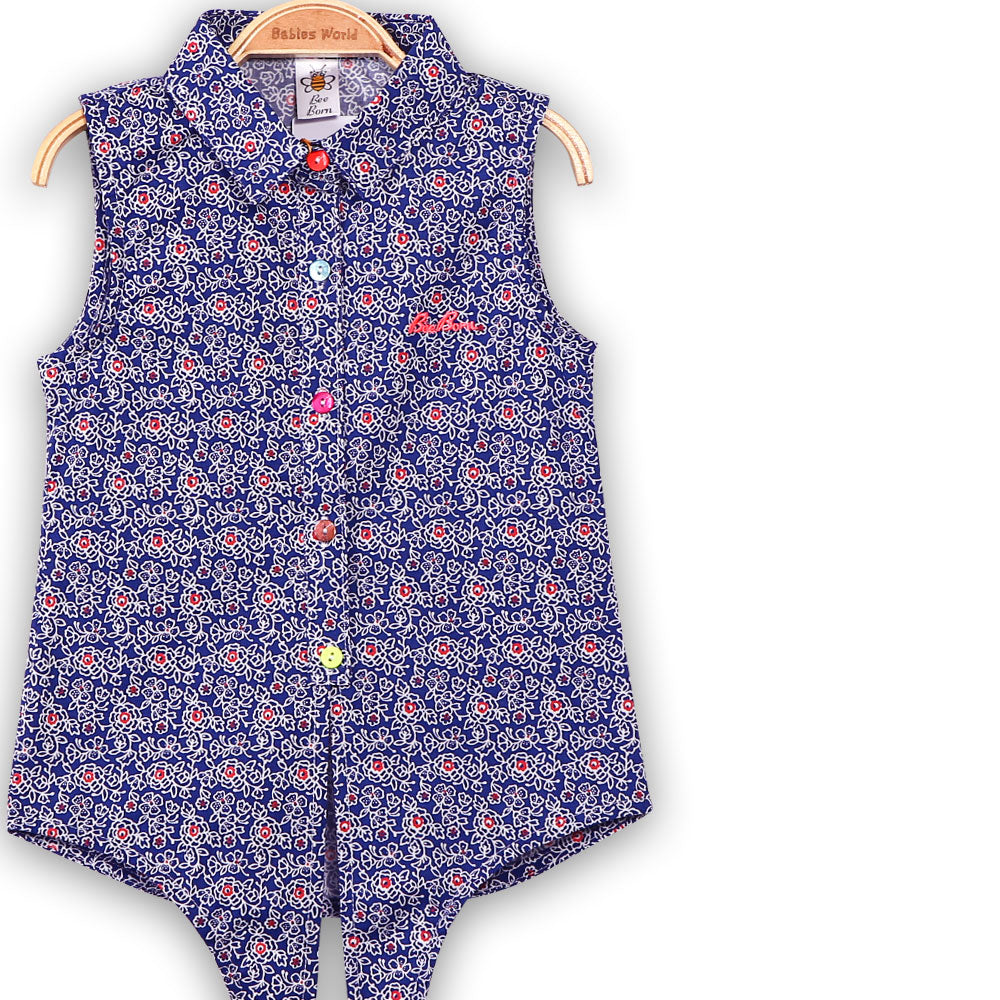 GIRL TOP AEGEAN BLUE FLORAL TIE FRONT