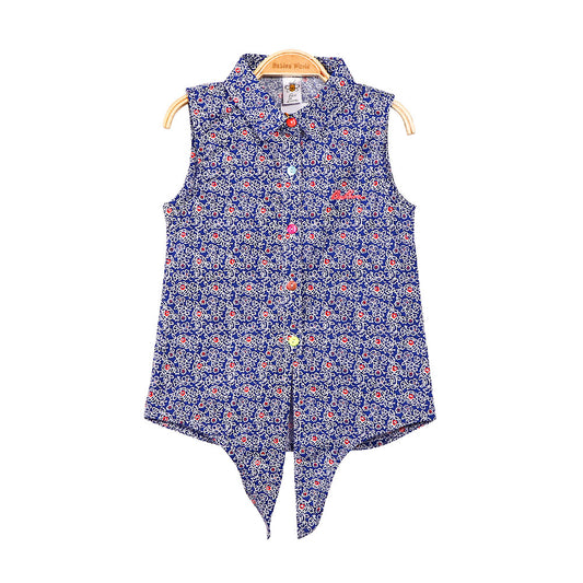 GIRL TOP AEGEAN BLUE FLORAL TIE FRONT