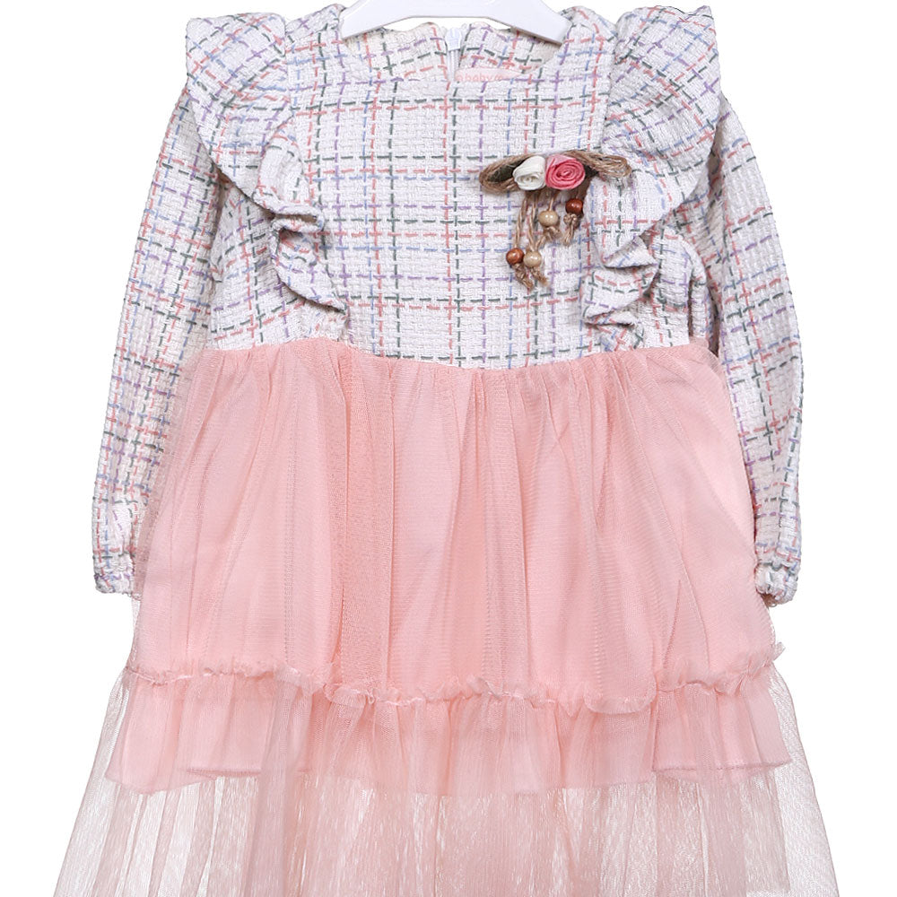 GIRL TOP PEACH KNITTED FLORAL TULLE