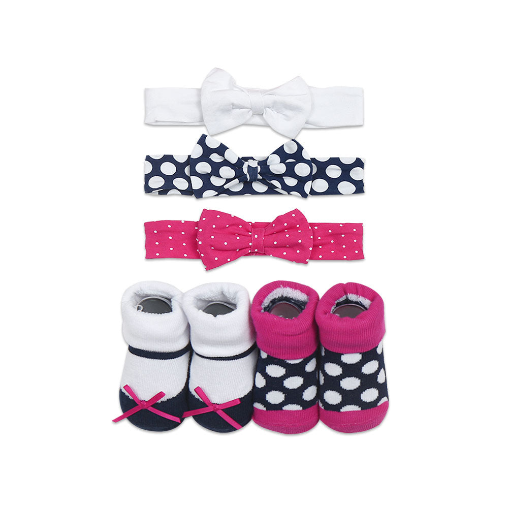 HEAD BAND PK-3 & BOOTIES PK-2 SET MULTI-COLOR POLKA DOTS