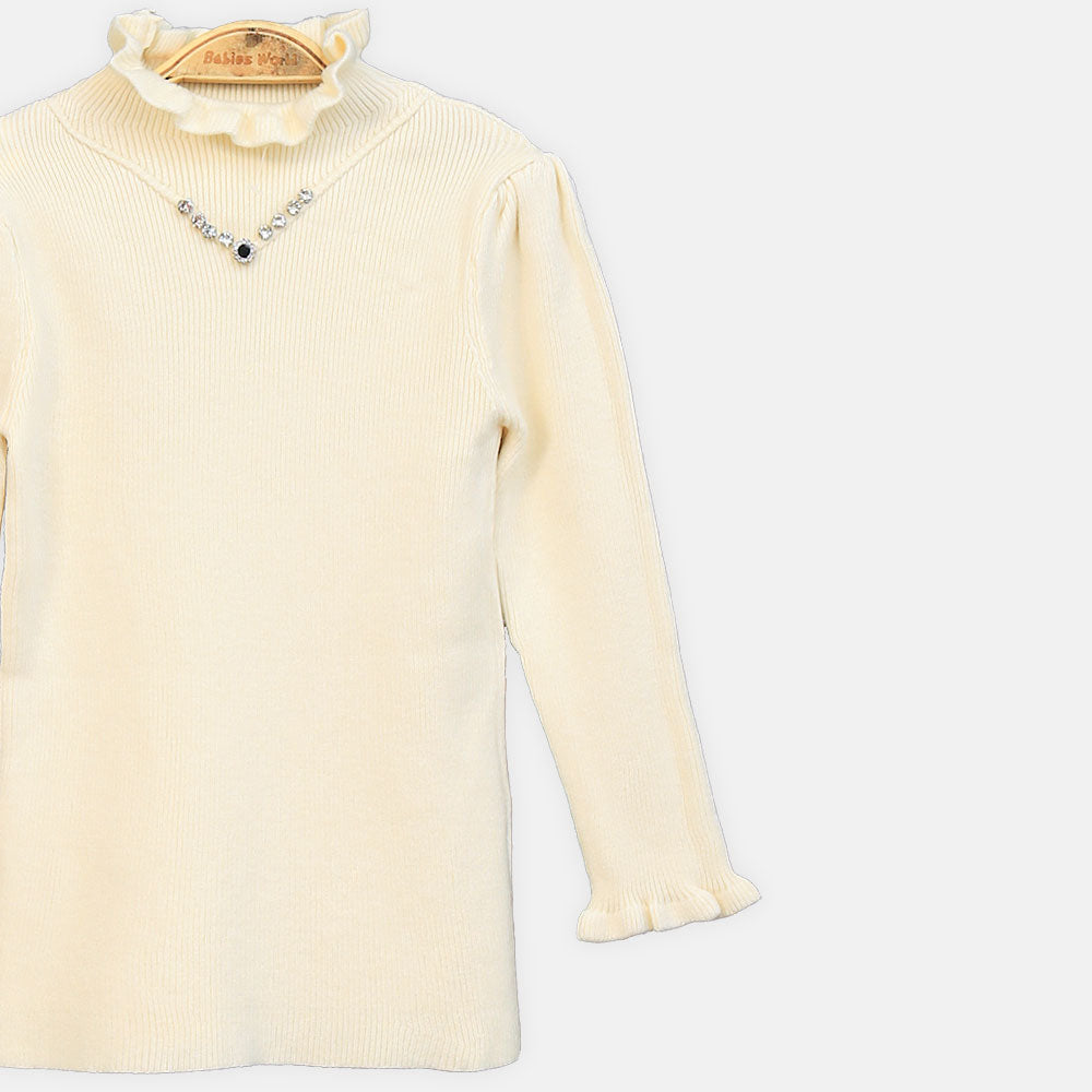 GIRL HI-NECK SWEATER IVORY V-NECK EMBELLISHED