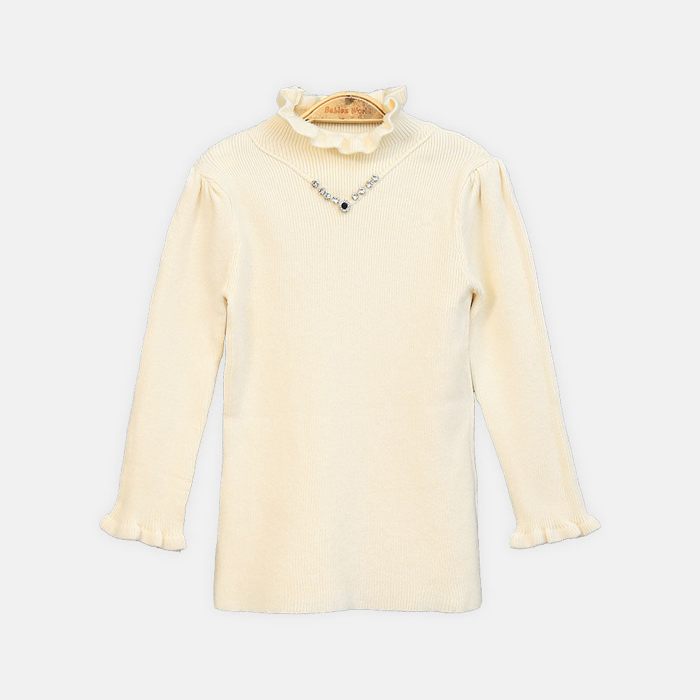 GIRL HI-NECK SWEATER IVORY V-NECK EMBELLISHED