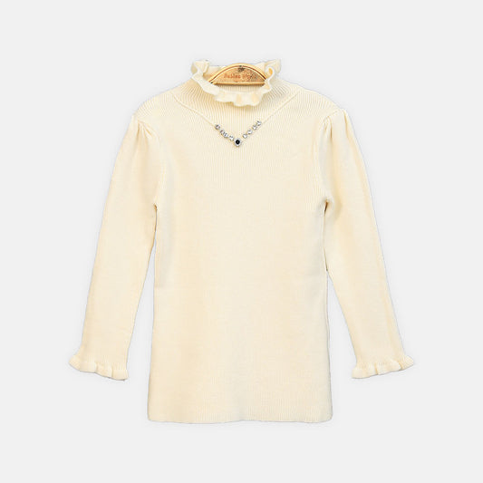 GIRL HI-NECK SWEATER IVORY V-NECK EMBELLISHED