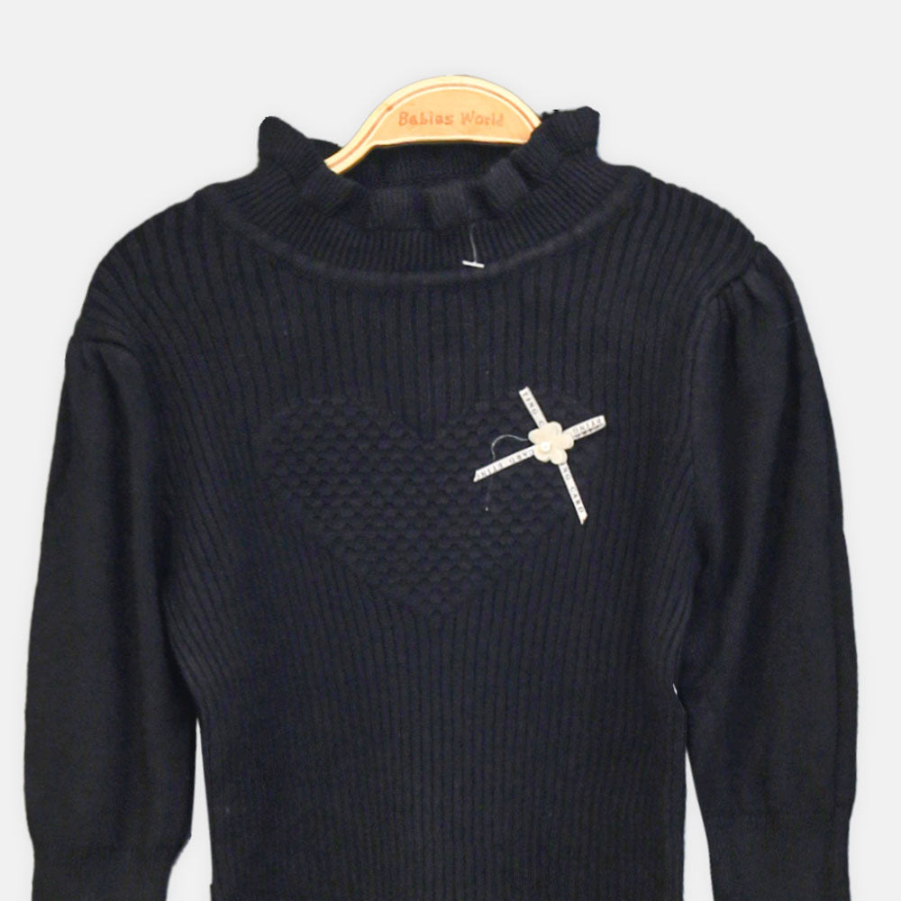 GIRL HI-NECK SWEATER BLACK TEXTURED HEART
