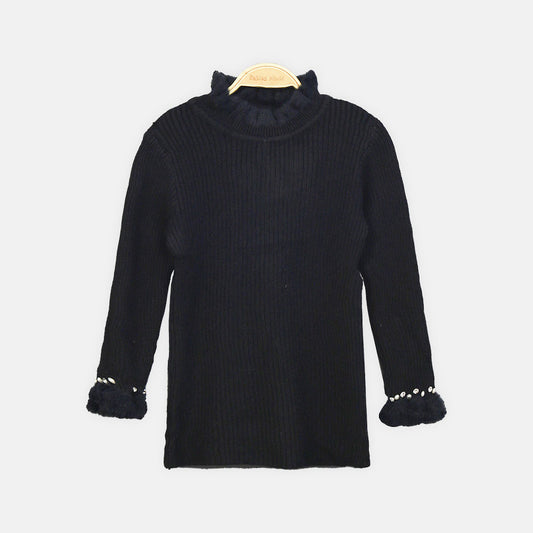 GIRL HI-NECK SWEATER BLACK RUFFLED WITH PEARL EMBELLISHMENTS