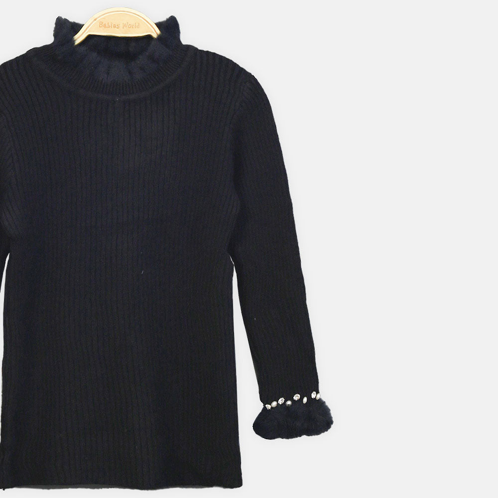 GIRL HI-NECK SWEATER BLACK RUFFLED WITH PEARL EMBELLISHMENTS