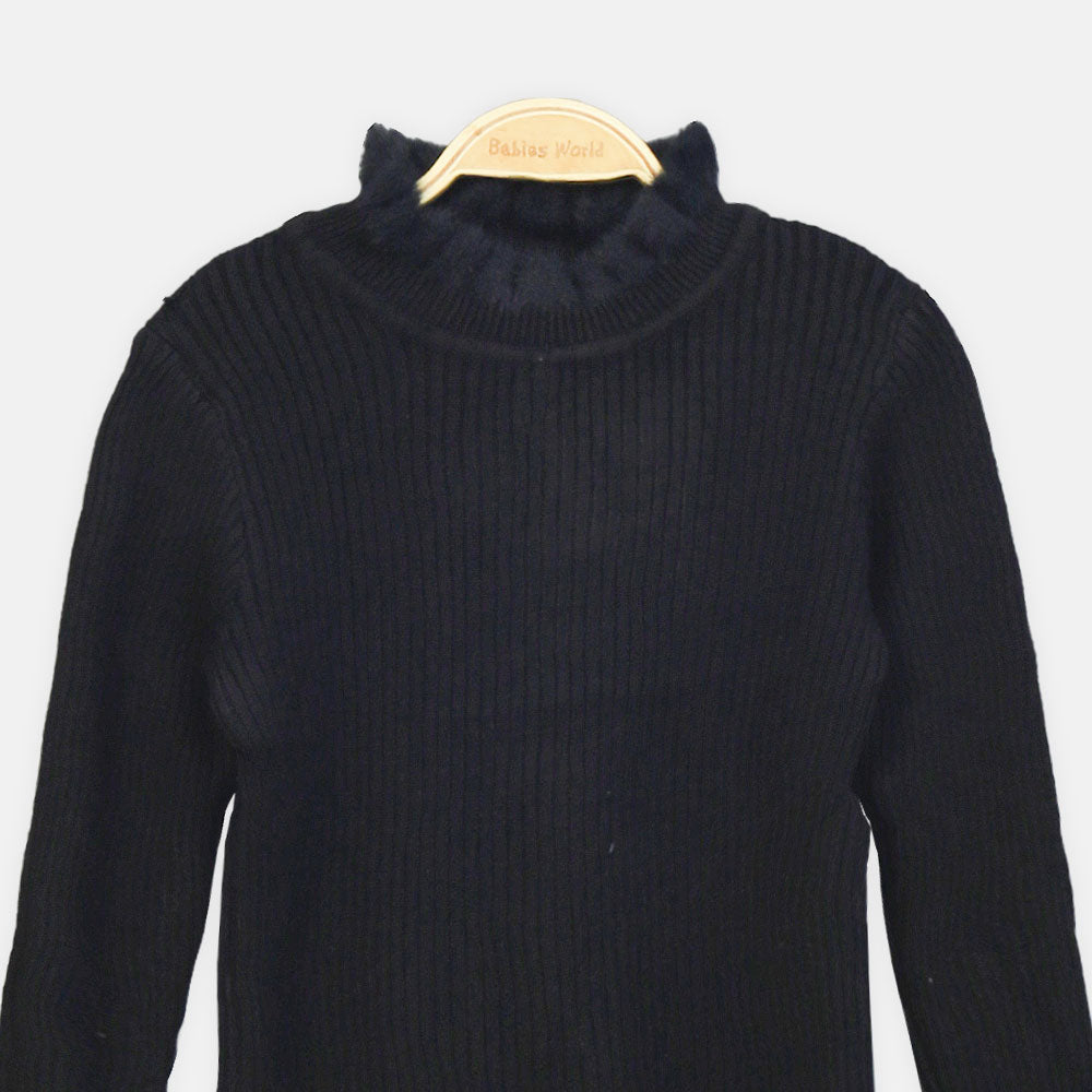 GIRL HI-NECK SWEATER BLACK RUFFLED WITH PEARL EMBELLISHMENTS