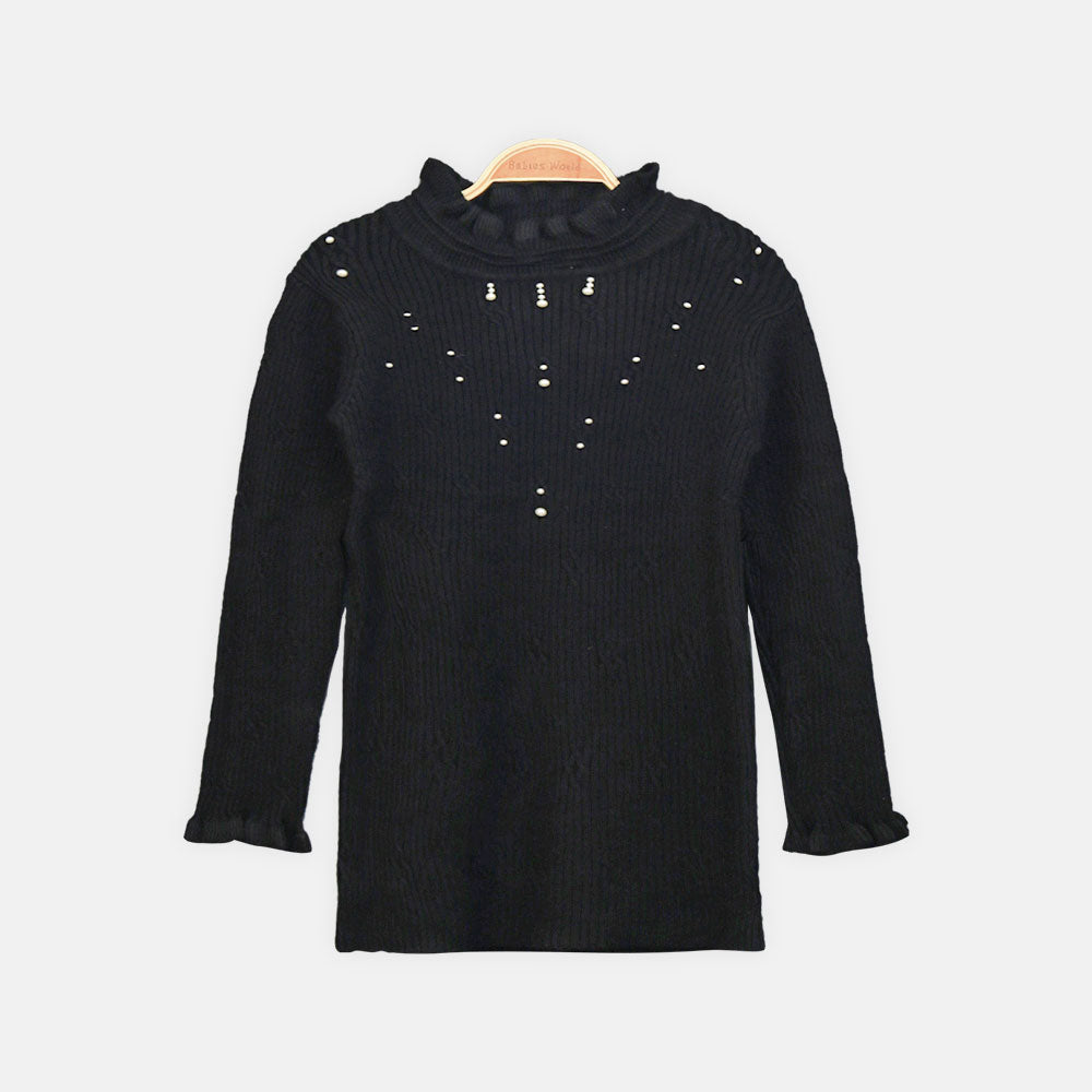 GIRL HI-NECK SWEATER LUXURIOUS BLACK WITH PEARLS
