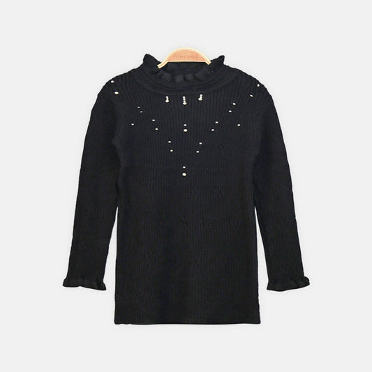 GIRL HI-NECK SWEATER LUXURIOUS BLACK WITH PEARLS