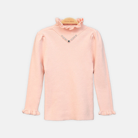 GIRL HI-NECK SWEATER PINK V-NECK EMBELLISHED