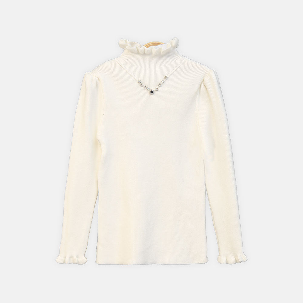 GIRL HI-NECK SWEATER WHITE V-NECK EMBELLISHED