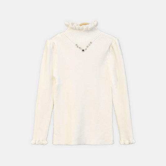 GIRL HI-NECK SWEATER WHITE V-NECK EMBELLISHED