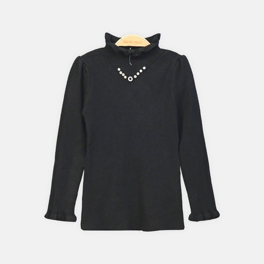 GIRL HI-NECK SWEATER BLACK V-NECK EMBELLISHED