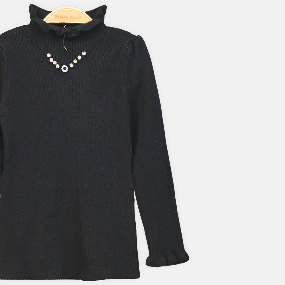 GIRL HI-NECK SWEATER BLACK V-NECK EMBELLISHED